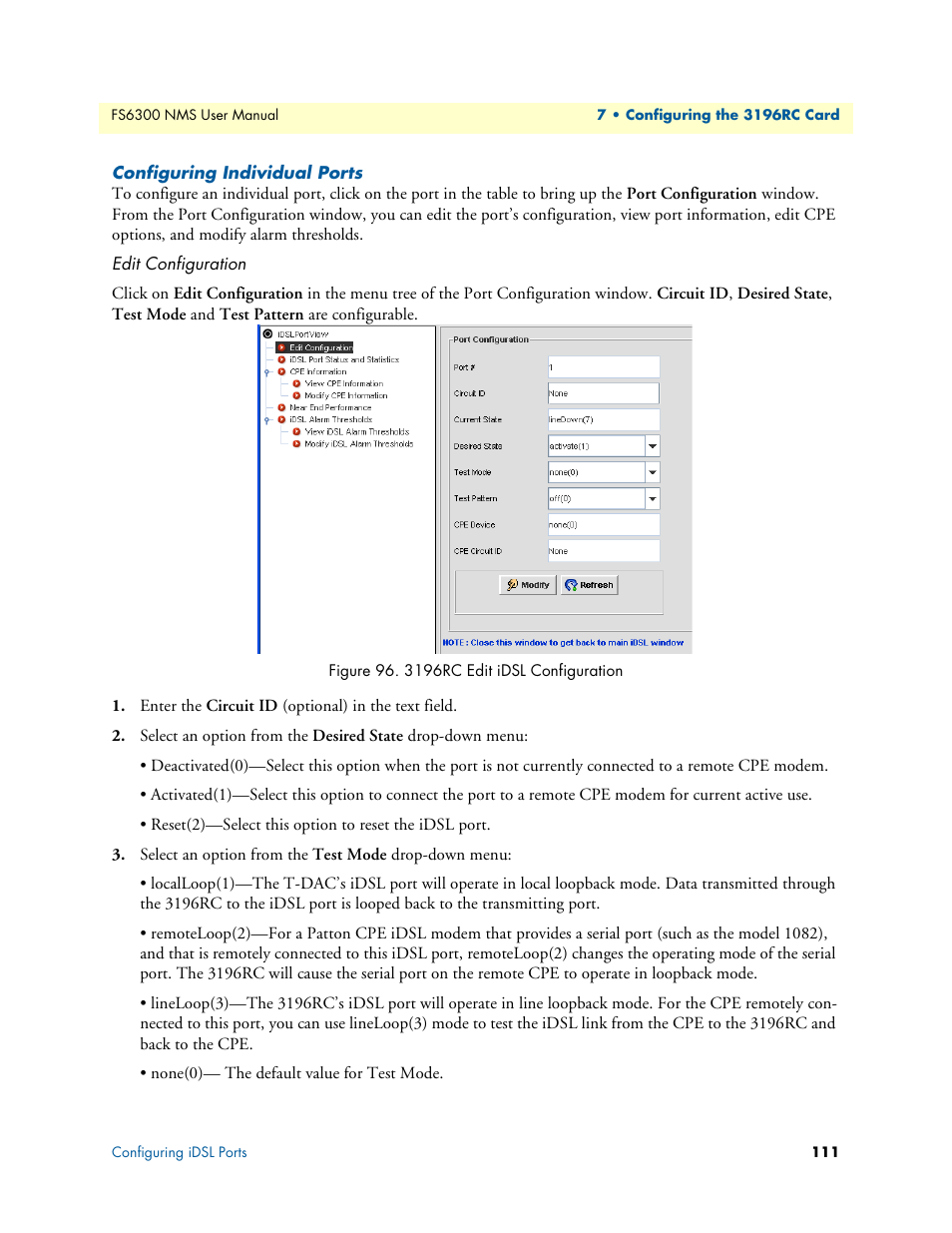 Configuring individual ports, 3196rc edit idsl configuration | Patton electronic FORESIGHT 6300 User Manual | Page 111 / 145