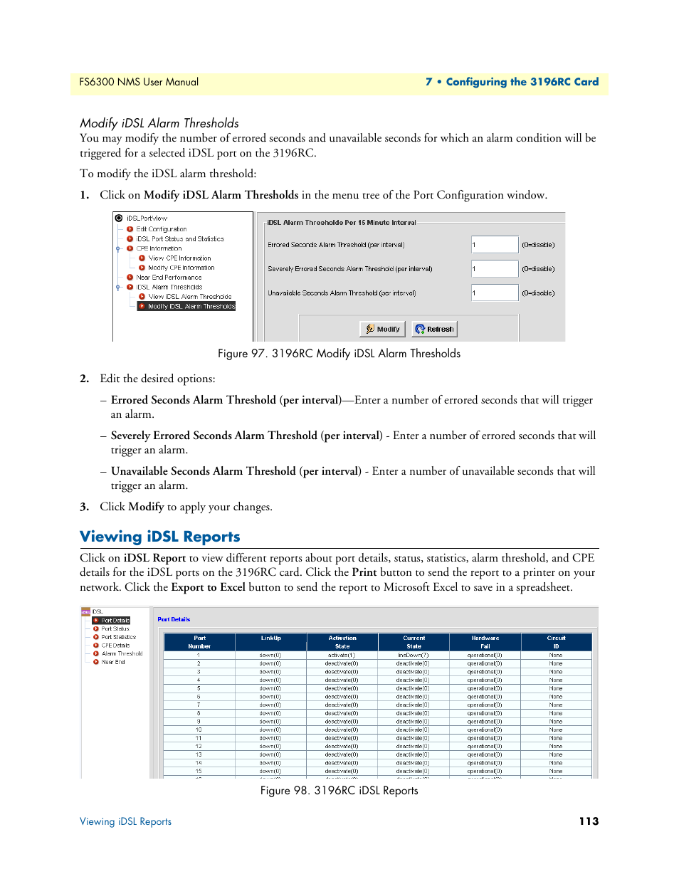 Modify idsl alarm thresholds, Viewing idsl reports, 3196rc modify idsl alarm thresholds | 3196rc idsl reports | Patton electronic FORESIGHT 6300 User Manual | Page 113 / 145