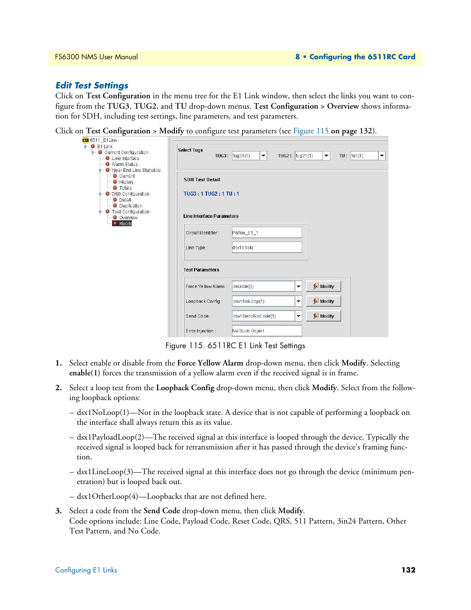 Edit test settings, 115 6511rc e1 link test settings | Patton electronic FORESIGHT 6300 User Manual | Page 132 / 145