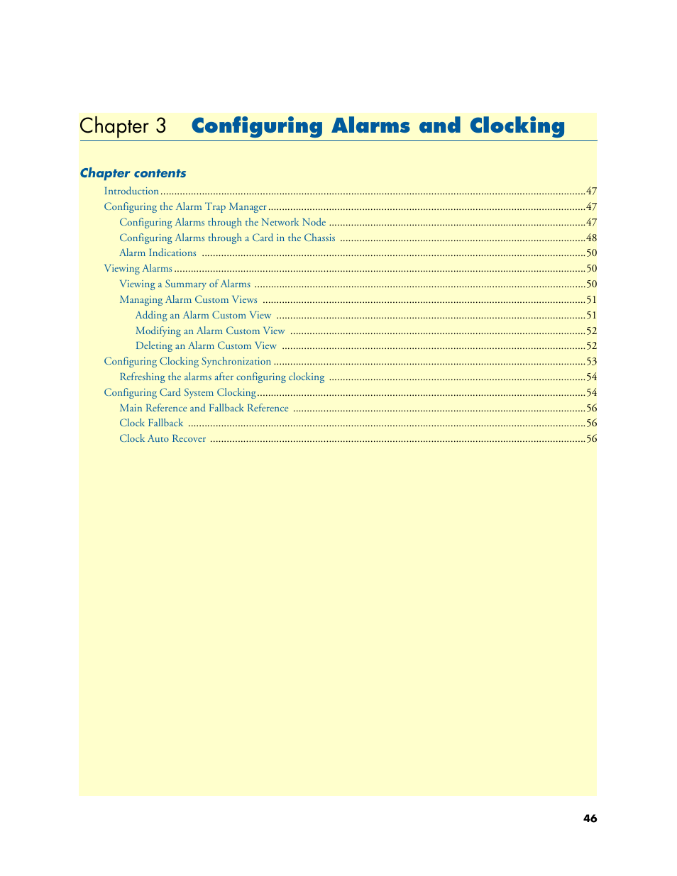 Chapter 3 configuring alarms and clocking, Configuring alarms and clocking, Chapter 3 | Ng (see | Patton electronic FORESIGHT 6300 User Manual | Page 46 / 145