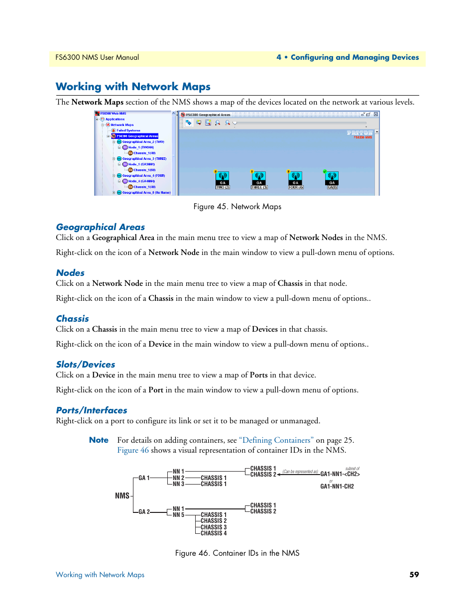 Working with network maps, Geographical areas, Nodes | Chassis, Slots/devices, Ports/interfaces, Network maps, Container ids in the nms | Patton electronic FORESIGHT 6300 User Manual | Page 59 / 145
