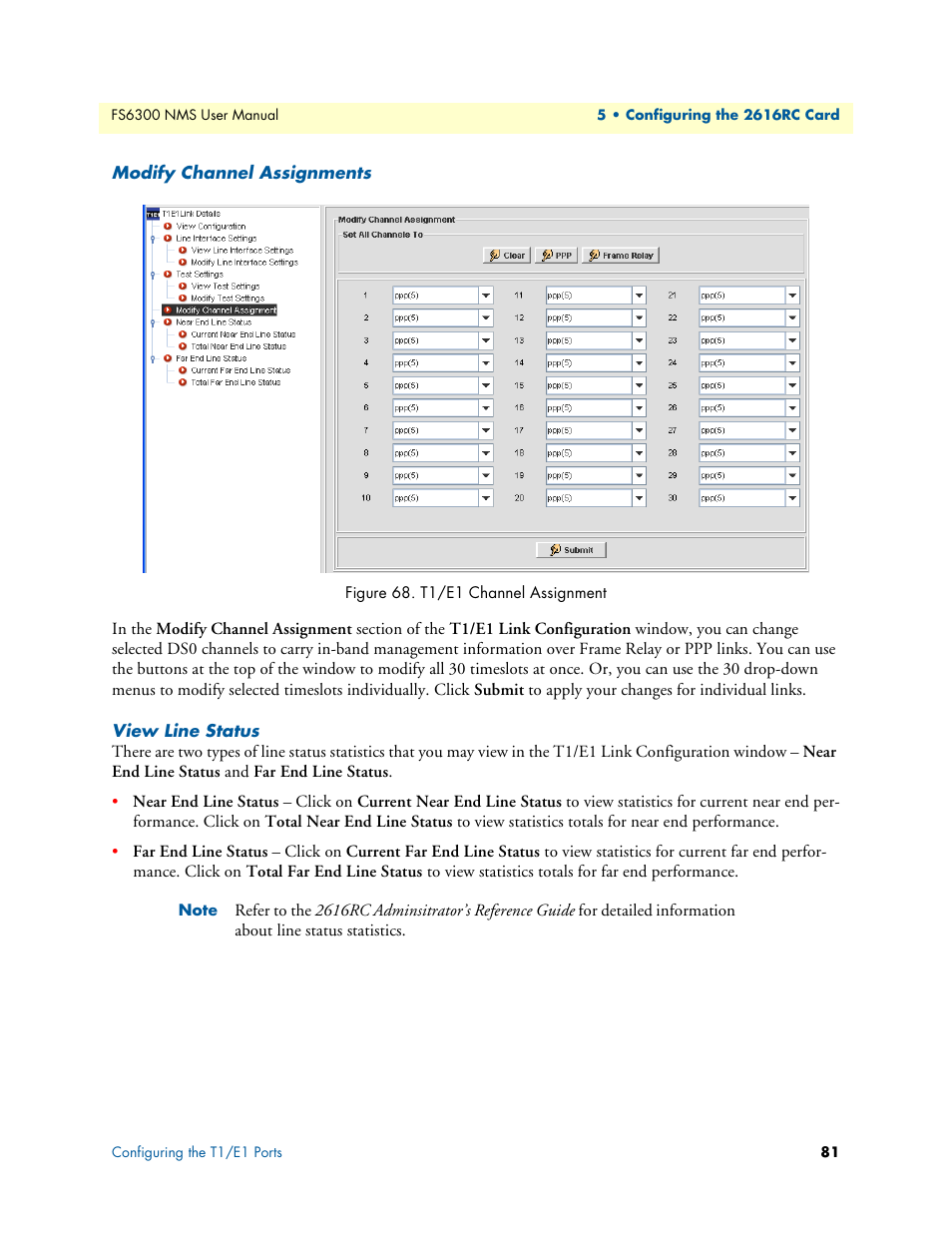 Modify channel assignments, View line status, T1/e1 channel assignment | Patton electronic FORESIGHT 6300 User Manual | Page 81 / 145