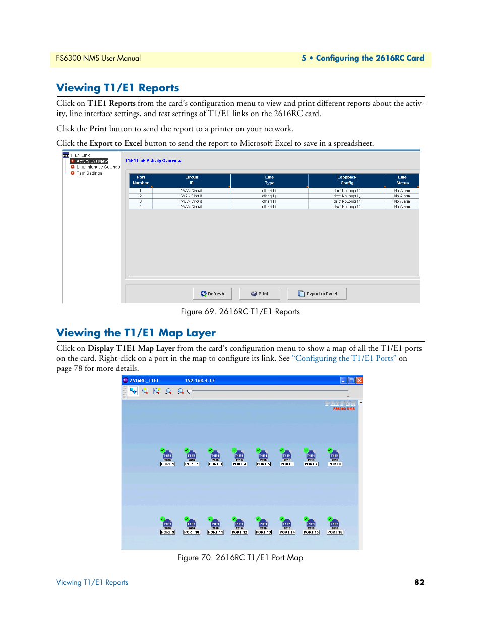 Viewing t1/e1 reports, Viewing the t1/e1 map layer, 2616rc t1/e1 reports | 2616rc t1/e1 port map | Patton electronic FORESIGHT 6300 User Manual | Page 82 / 145