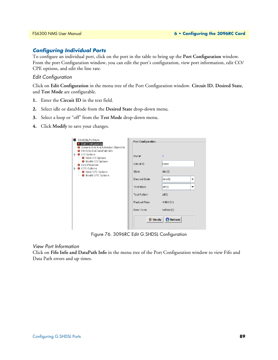 Configuring individual ports, View port information, 3096rc edit g.shdsl configuration | Patton electronic FORESIGHT 6300 User Manual | Page 89 / 145