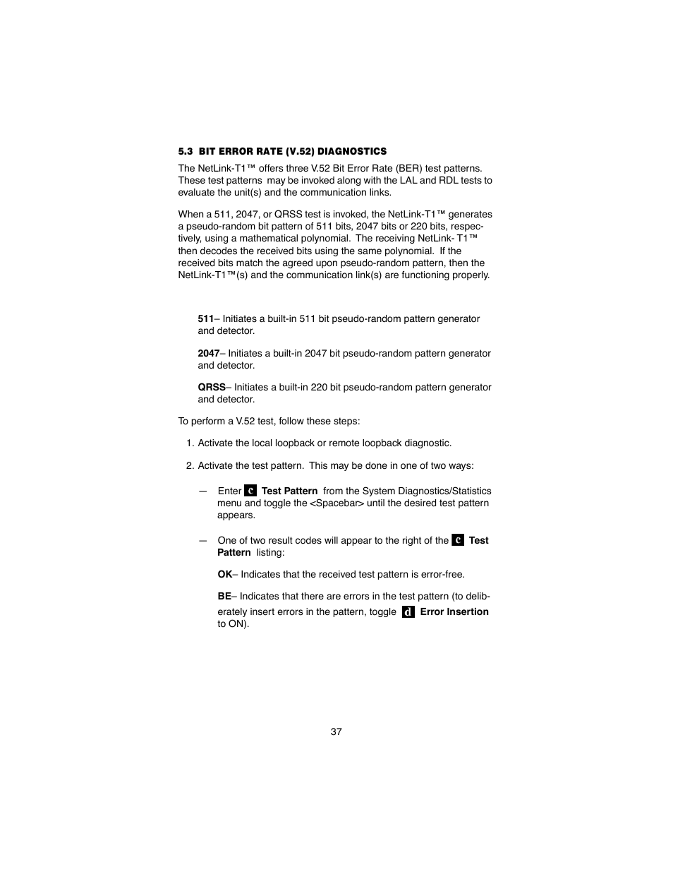 3 bit error rate (v.52) diagnostics, Bit error rate (v.52) diagnostics | Patton electronic 2710 User Manual | Page 37 / 44