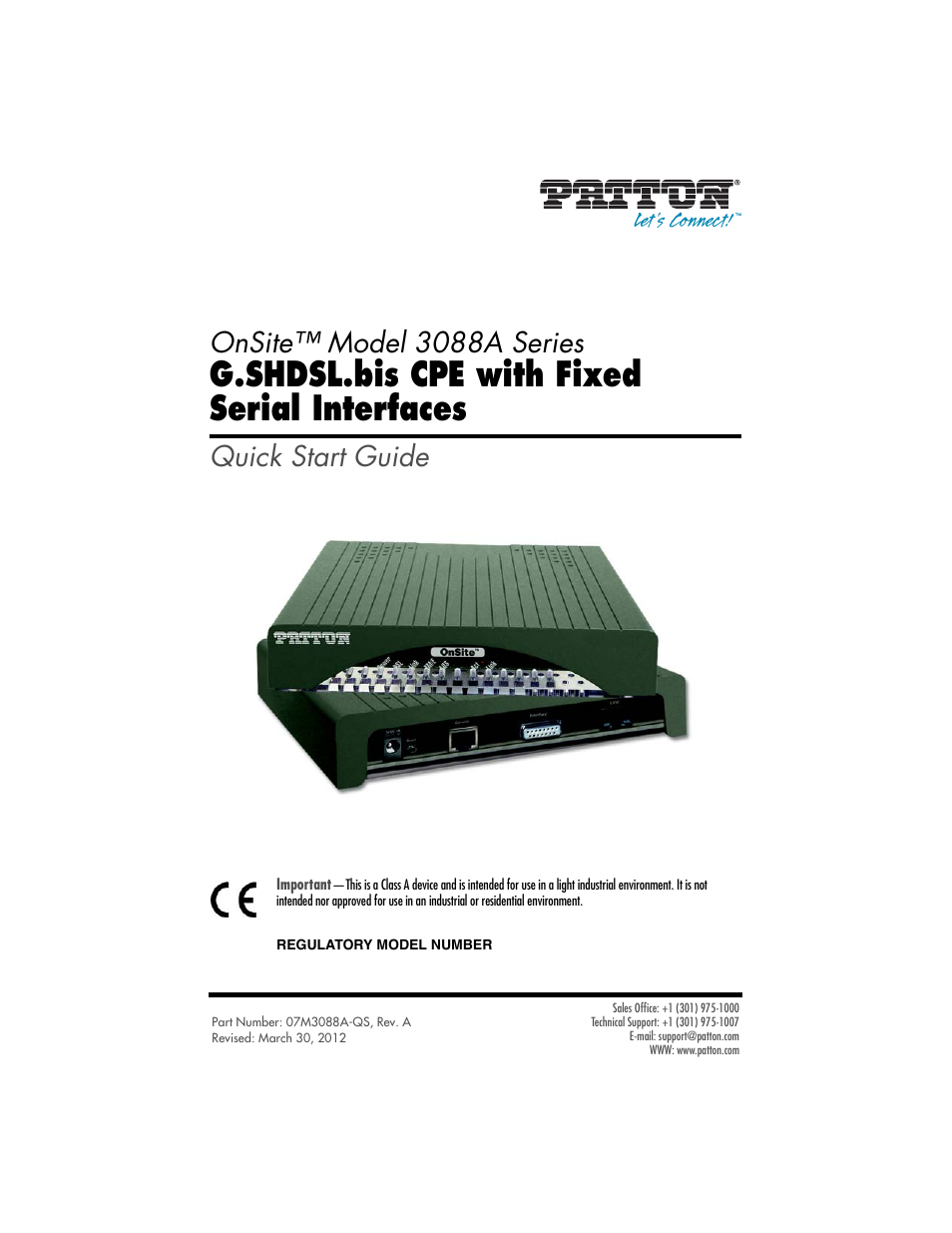 Patton electronic G.SHDSL.BIS CPE WITH FIXED SERIAL INTERFACES 3088A User Manual | 8 pages