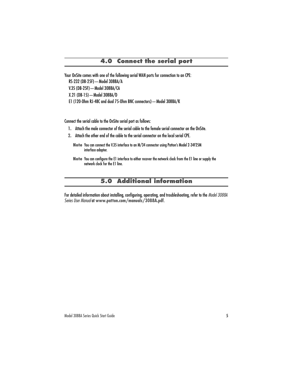 0 connect the serial port, 0 additional information | Patton electronic G.SHDSL.BIS CPE WITH FIXED SERIAL INTERFACES 3088A User Manual | Page 5 / 8