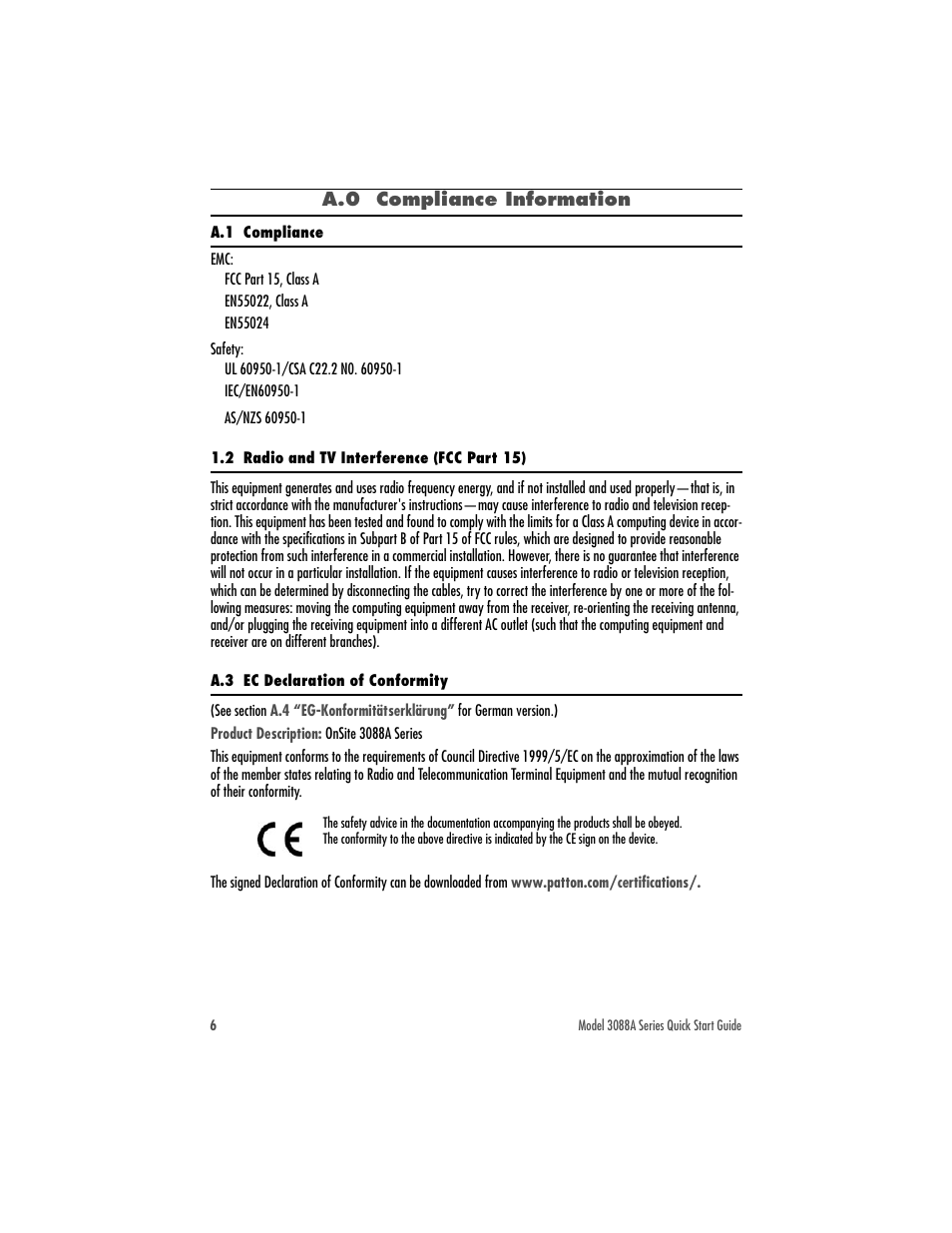 A.0 compliance information, A.1 compliance, 2 radio and tv interference (fcc part 15) | A.3 ec declaration of conformity | Patton electronic G.SHDSL.BIS CPE WITH FIXED SERIAL INTERFACES 3088A User Manual | Page 6 / 8