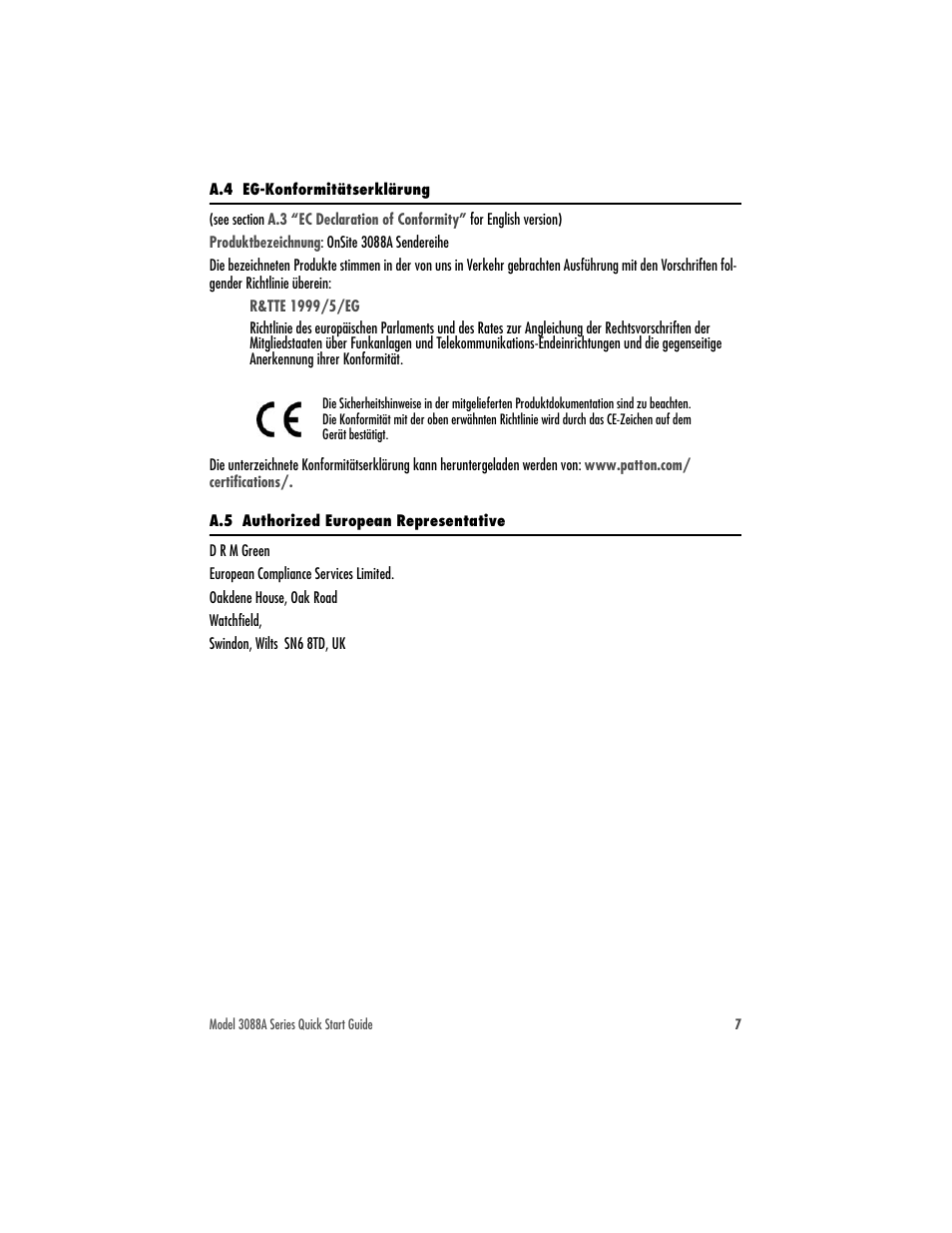 A.4 eg-konformitätserklärung, A.5 authorized european representative | Patton electronic G.SHDSL.BIS CPE WITH FIXED SERIAL INTERFACES 3088A User Manual | Page 7 / 8