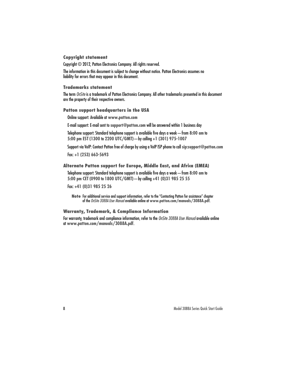 Copyright statement, Trademarks statement, Patton support headquarters in the usa | Warranty, trademark, & compliance information | Patton electronic G.SHDSL.BIS CPE WITH FIXED SERIAL INTERFACES 3088A User Manual | Page 8 / 8