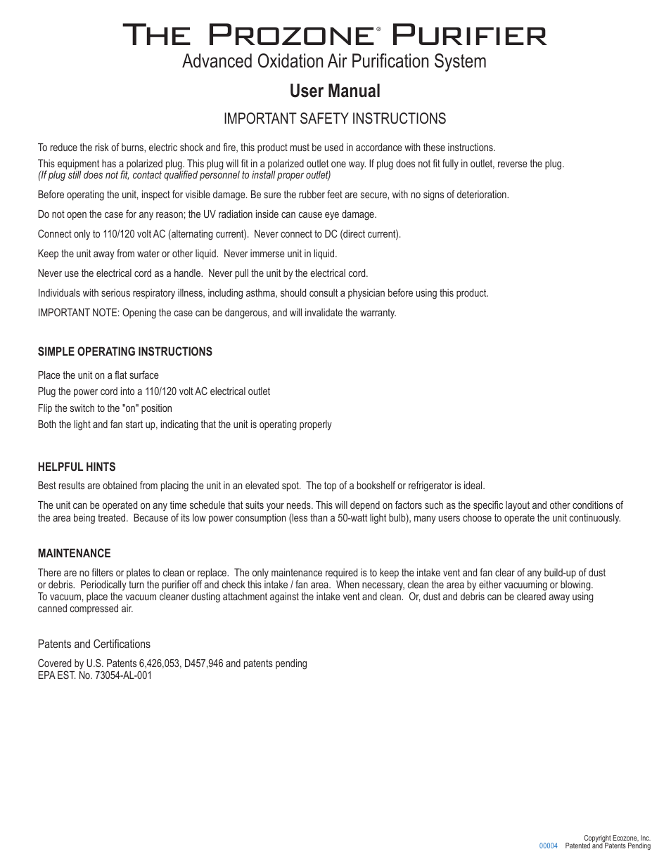 Prozone Pool Products Air Purification System User Manual | 1 page