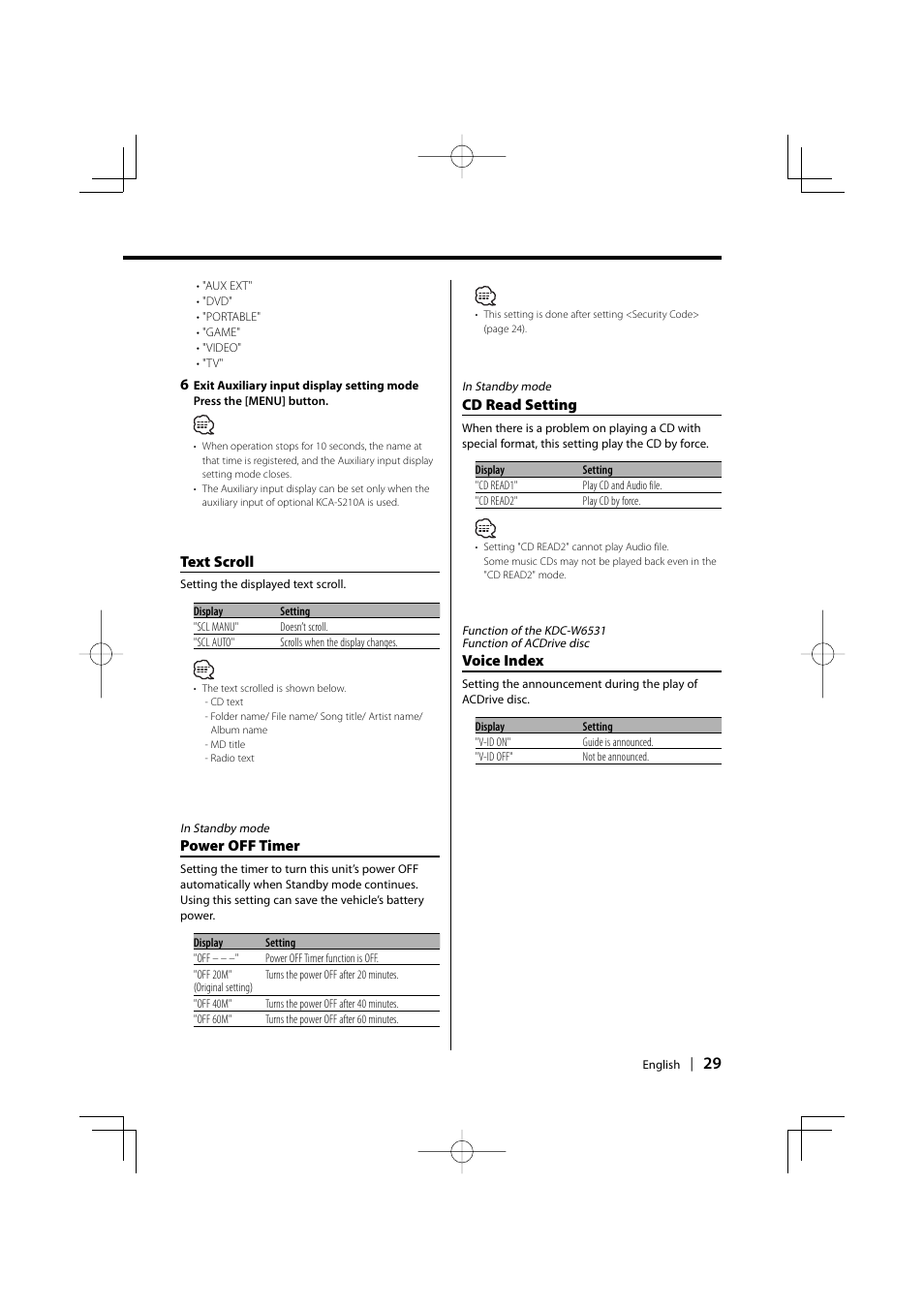 Text scroll, Power off timer, Cd read setting | Voice index | PhatNoise KDC-W6531 User Manual | Page 29 / 40