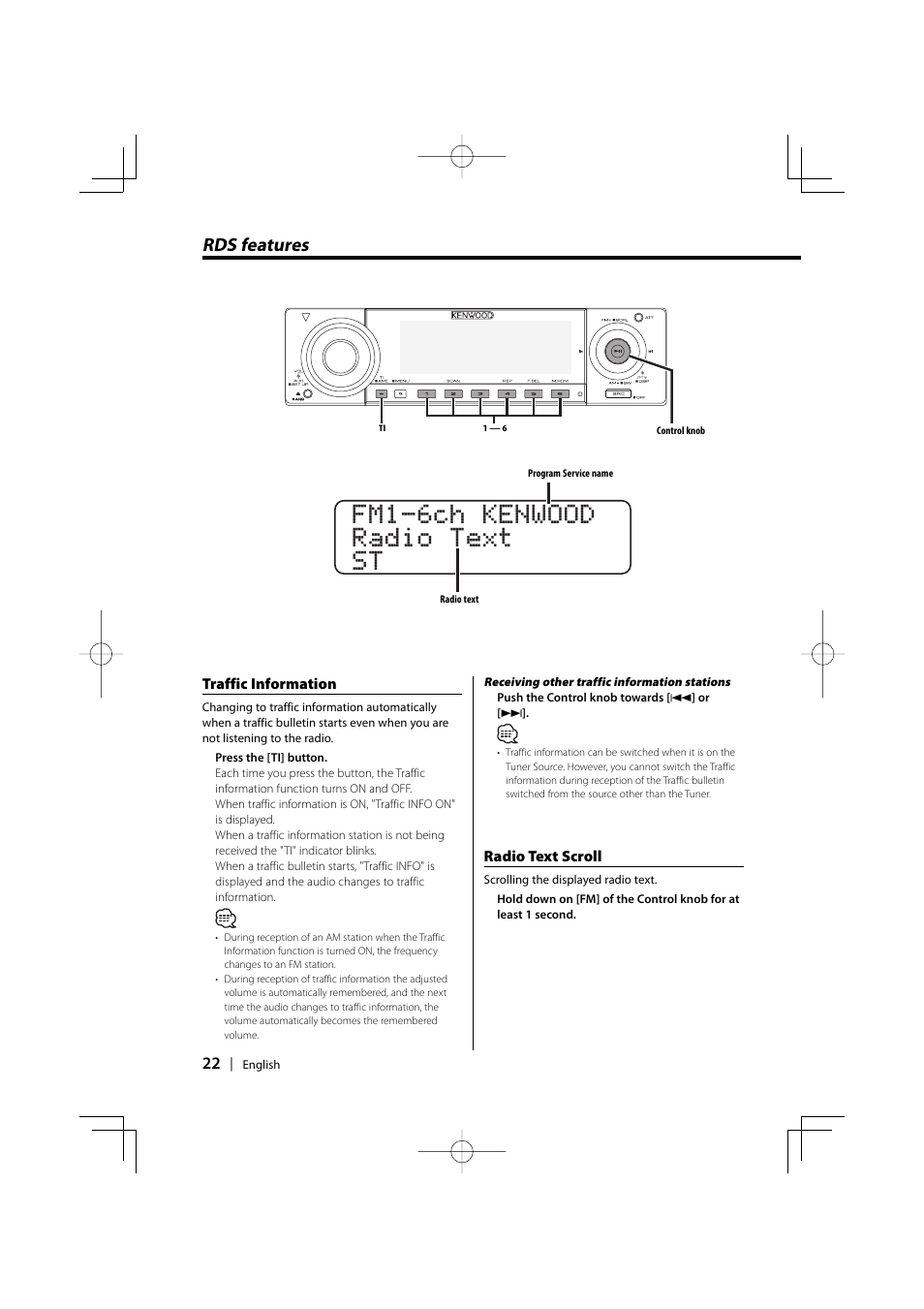Fm1-6ch kenwood radio text st, Rds features | PhatNoise KDC-W707 User Manual | Page 22 / 48