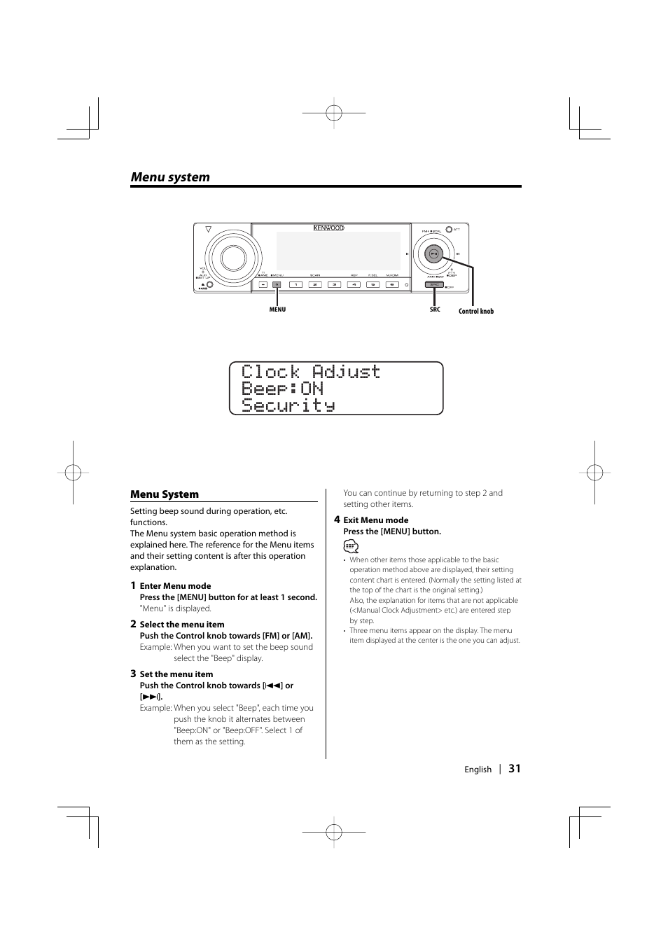 Clock adjust beep:on security, Menu system | PhatNoise KDC-W707 User Manual | Page 31 / 48