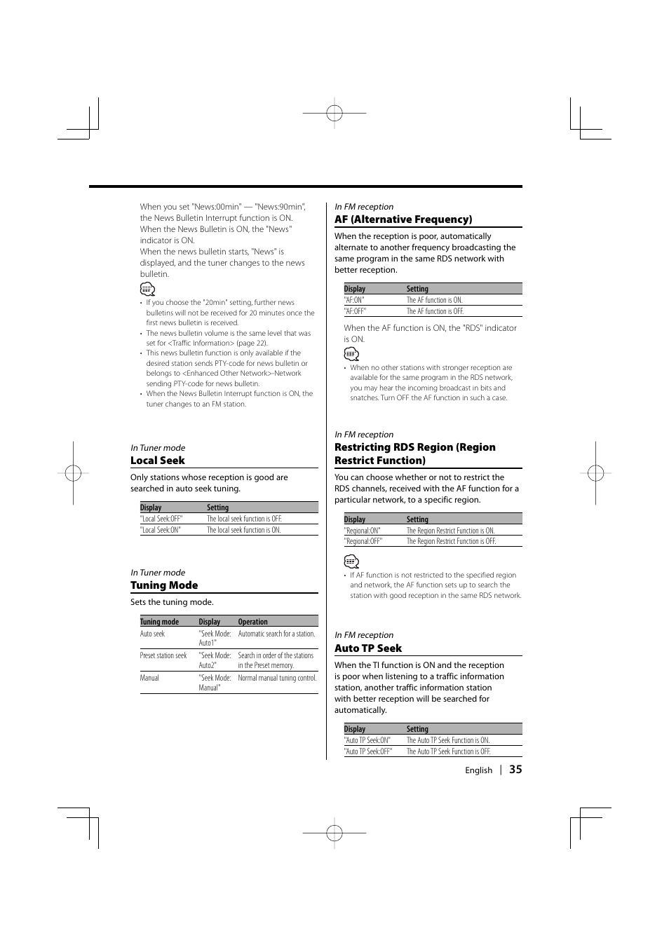 Local seek, Tuning mode, Af (alternative frequency) | Restricting rds region (region restrict function), Auto tp seek | PhatNoise KDC-W707 User Manual | Page 35 / 48