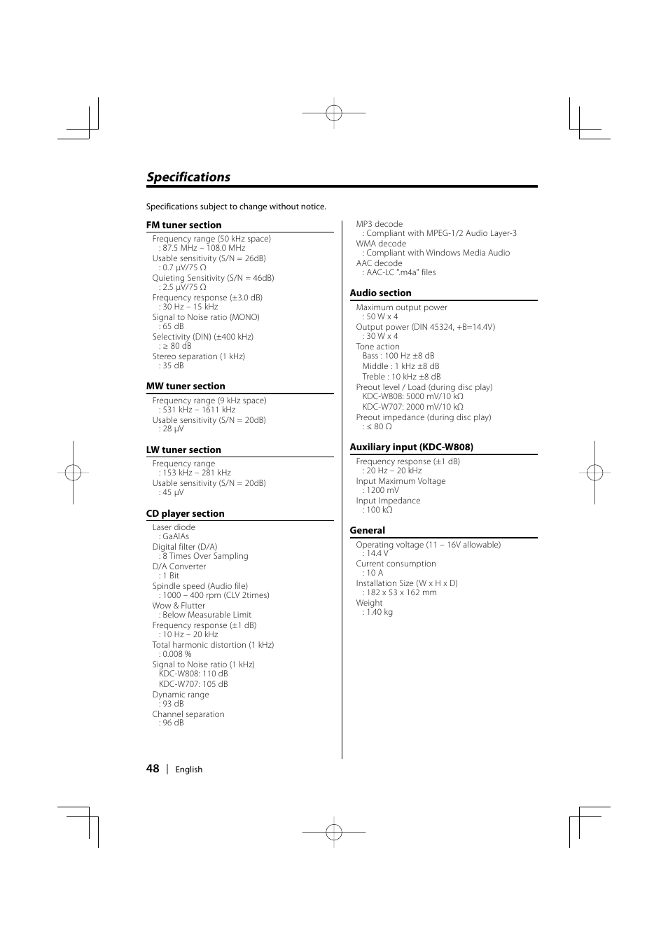 Specifications | PhatNoise KDC-W707 User Manual | Page 48 / 48