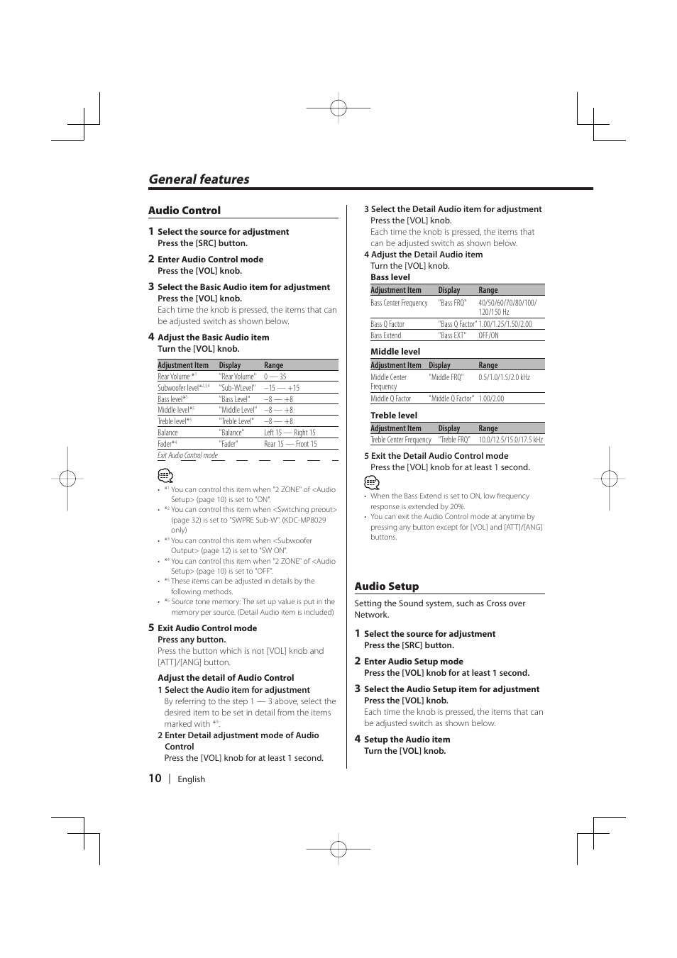 General features, Audio control 1, Audio setup | PhatNoise KDC-MP8029 User Manual | Page 10 / 50