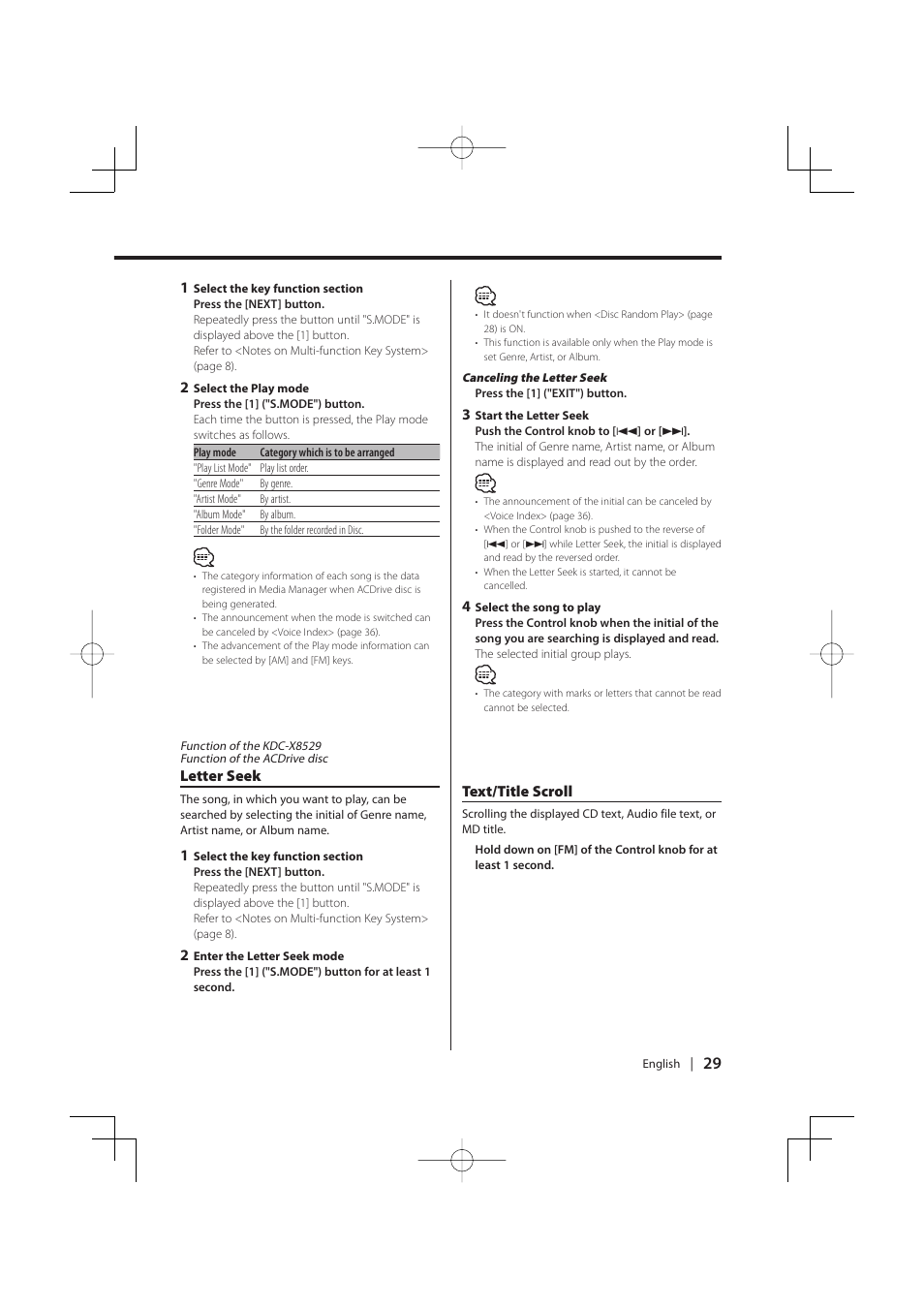 Letter seek, Text/title scroll | PhatNoise KDC-MP8029 User Manual | Page 29 / 50