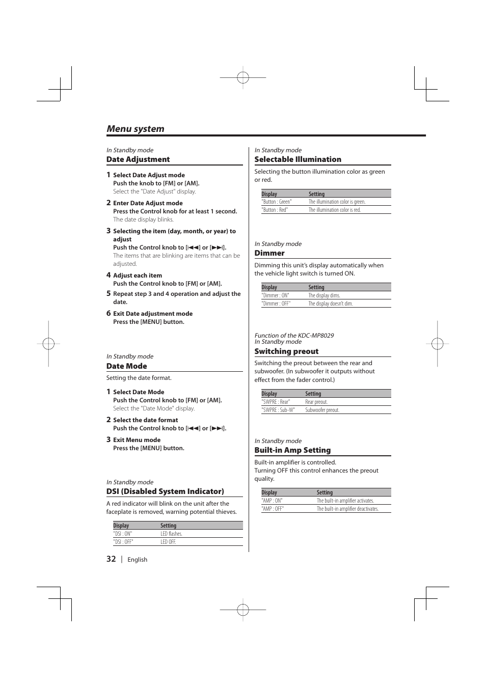 Menu system | PhatNoise KDC-MP8029 User Manual | Page 32 / 50