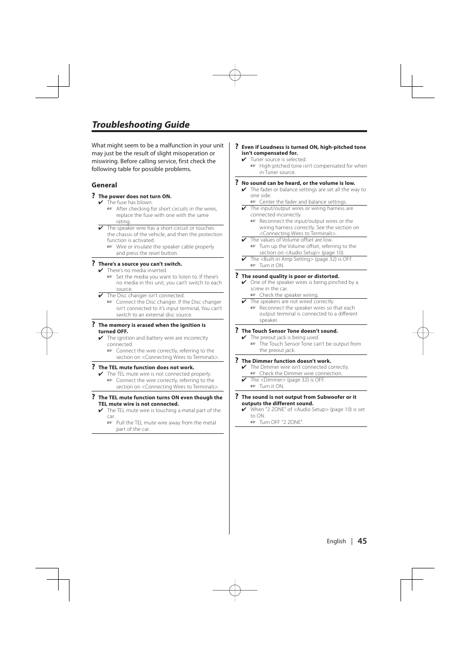 Troubleshooting guide | PhatNoise KDC-MP8029 User Manual | Page 45 / 50