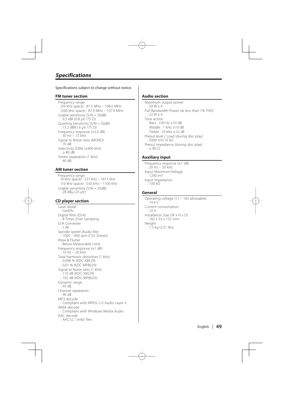 Specifications | PhatNoise KDC-MP8029 User Manual | Page 49 / 50