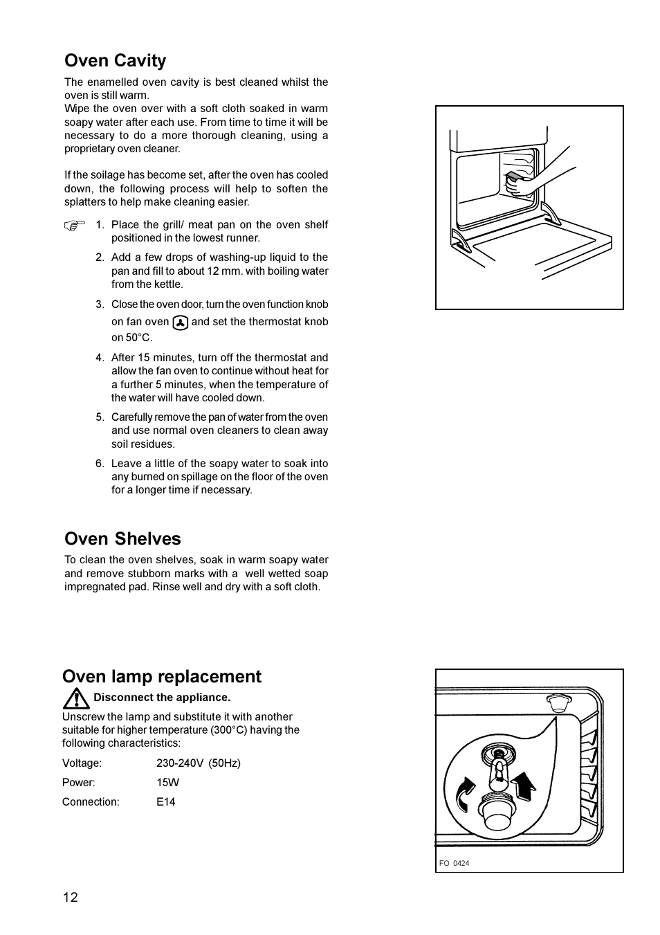 Oven shelves, Oven cavity, Oven lamp replacement | Parkinson Cowan Mixed Fuel Cooker CSIM 509 User Manual | Page 12 / 24