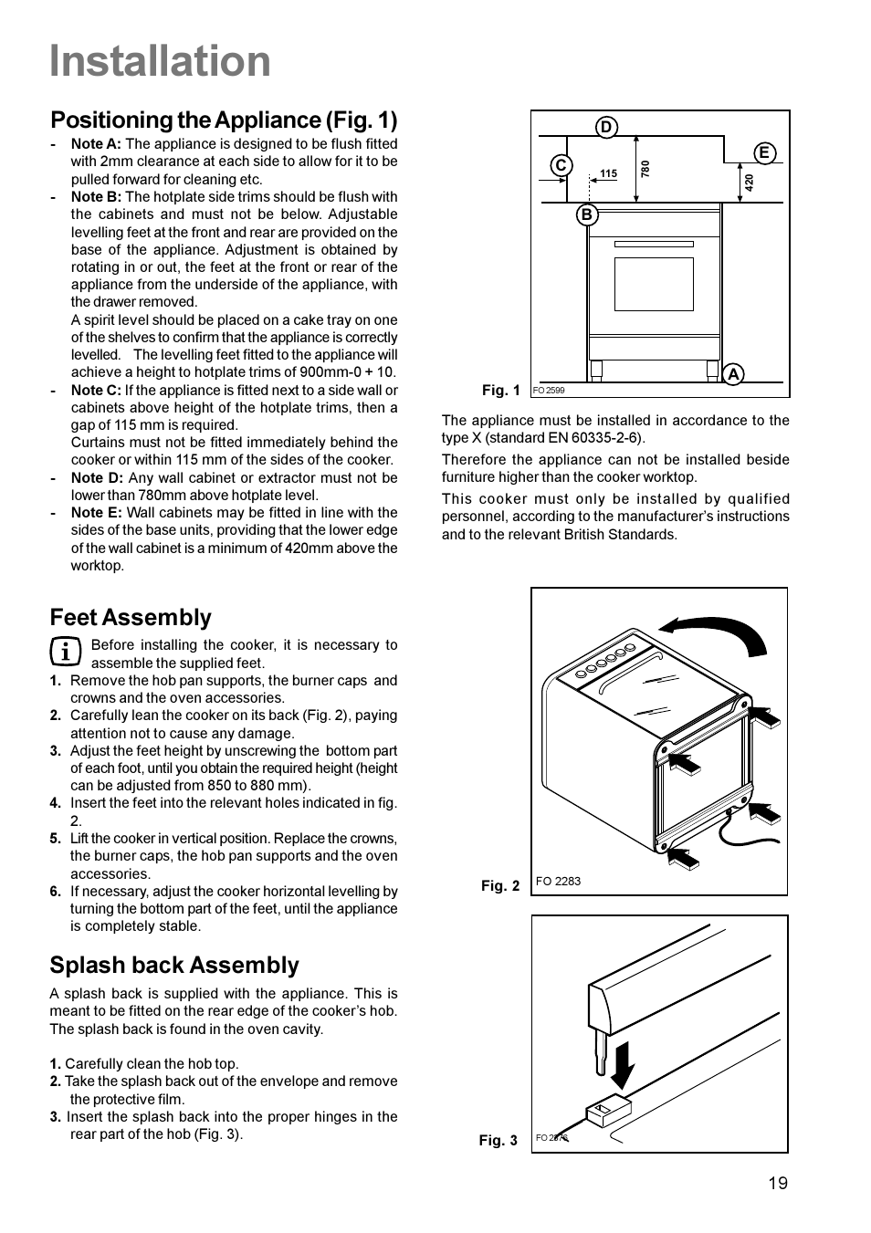 Installation, Positioning the appliance (fig. 1), Feet assembly | Splash back assembly | Parkinson Cowan Mixed Fuel Cooker CSIM 509 User Manual | Page 19 / 24