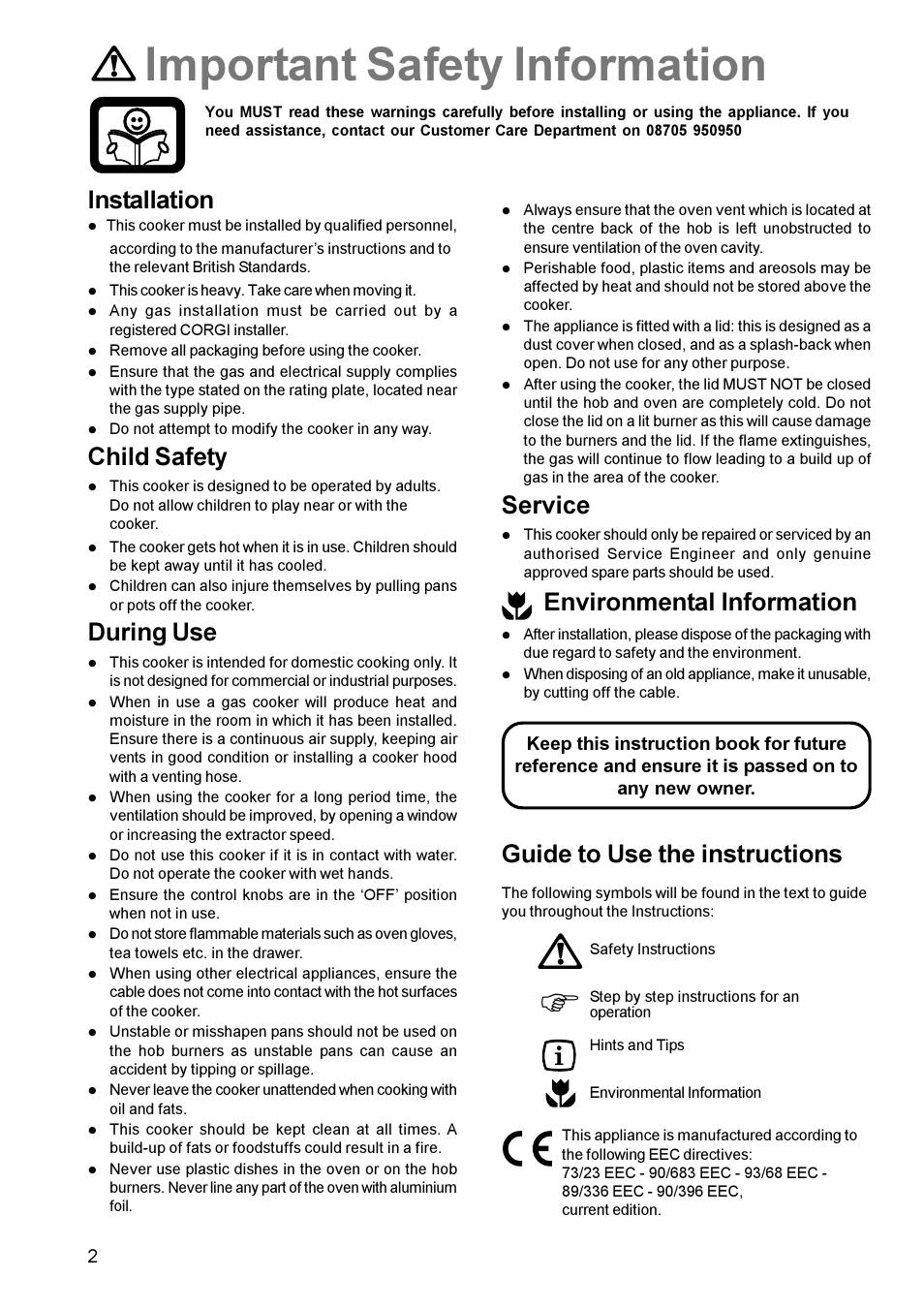 Important safety information, Installation, Child safety | During use, Service, Environmental information, Guide to use the instructions | Parkinson Cowan Mixed Fuel Cooker CSIM 509 User Manual | Page 2 / 24