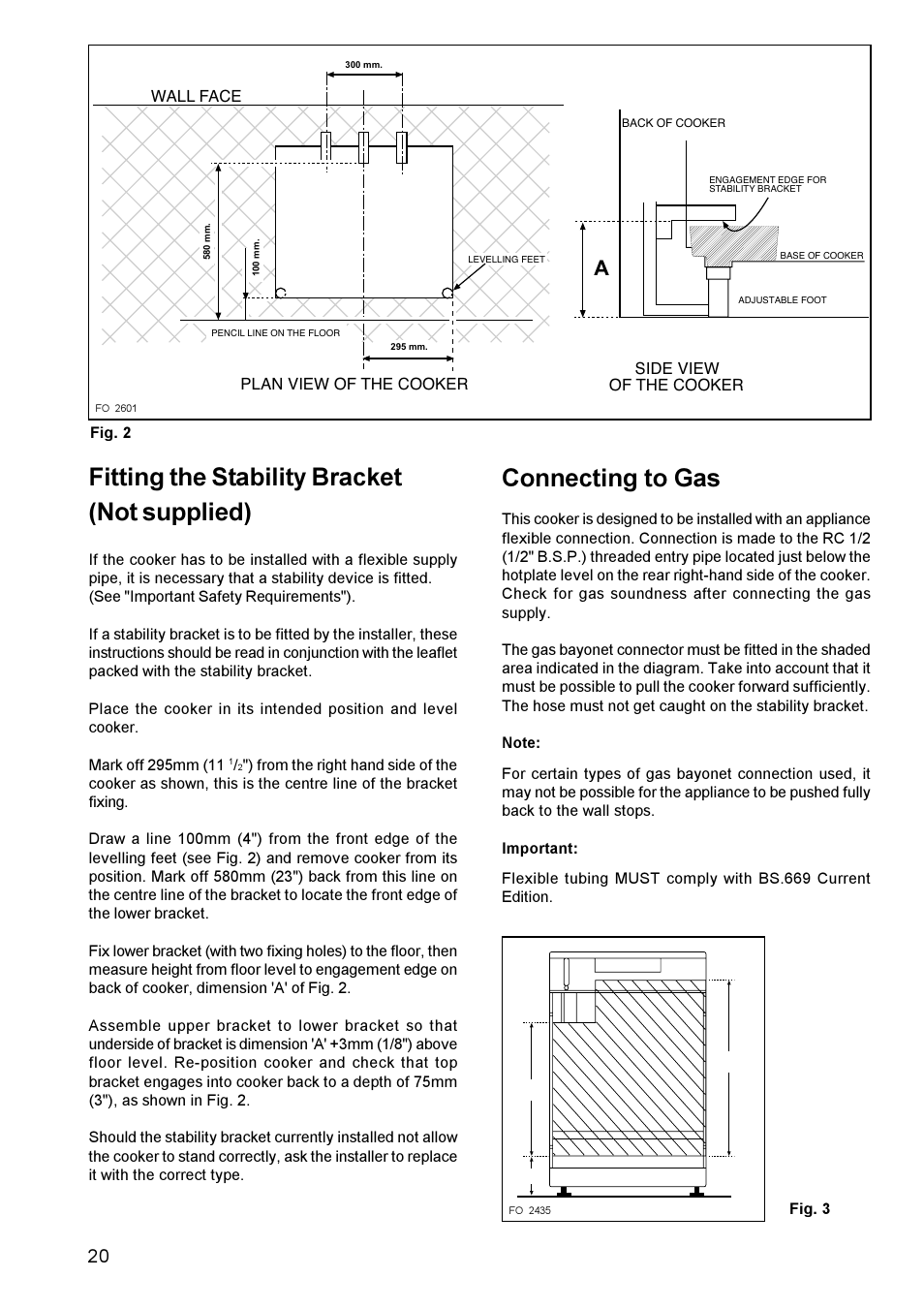 Fitting the stability bracket (not supplied), Connecting to gas | Parkinson Cowan Mixed Fuel Cooker CSIM 509 User Manual | Page 20 / 24