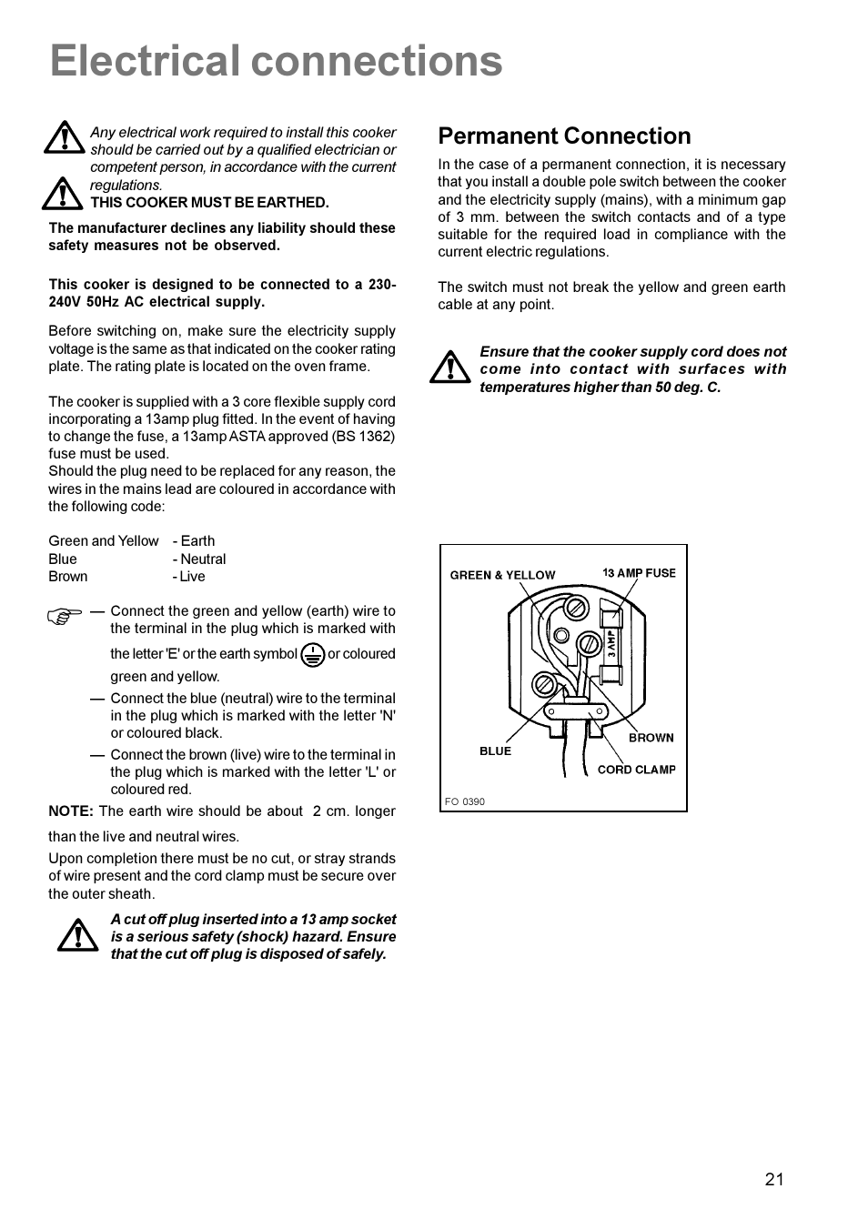 Electrical connections, Permanent connection | Parkinson Cowan Mixed Fuel Cooker CSIM 509 User Manual | Page 21 / 24