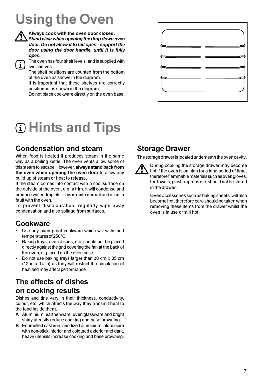 Hints and tips, Using the oven, Condensation and steam | Cookware, The effects of dishes on cooking results, Storage drawer | Parkinson Cowan Mixed Fuel Cooker CSIM 509 User Manual | Page 7 / 24