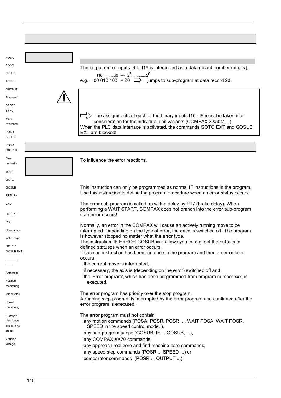 Error handling [if error gosub, 28 error handling [if error gosub, Operating instructions | Compax-m / -s, Gosub ext if error gosub, Function: priority: error program | Parker  Products COMPAX-M /-S (L) User Manual | Page 110 / 242