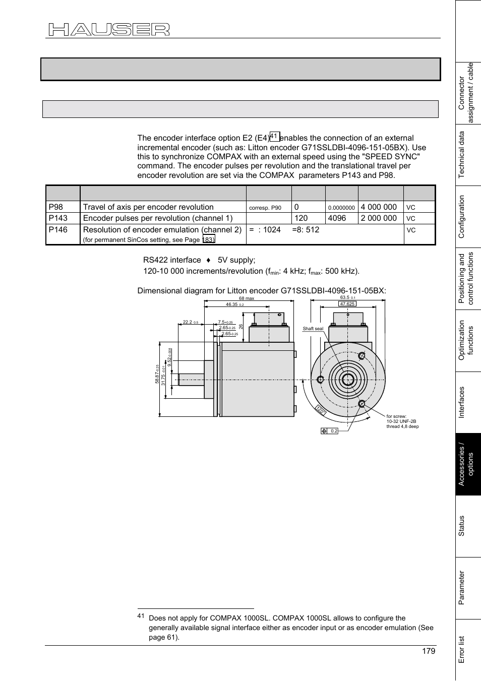Process interfaces, Encoder interface, 6 process interfaces | 1 encoder interface, The encoder interface option e2 (e4), P98 travel of axis per encoder revolution, P146 resolution of encoder emulation (channel 2), Rs422 interface ♦ 5v supply, 4 khz; f, Technical data: dimension diagram | Parker Products COMPAX-M /-S (L) User Manual | Page 179 / 242