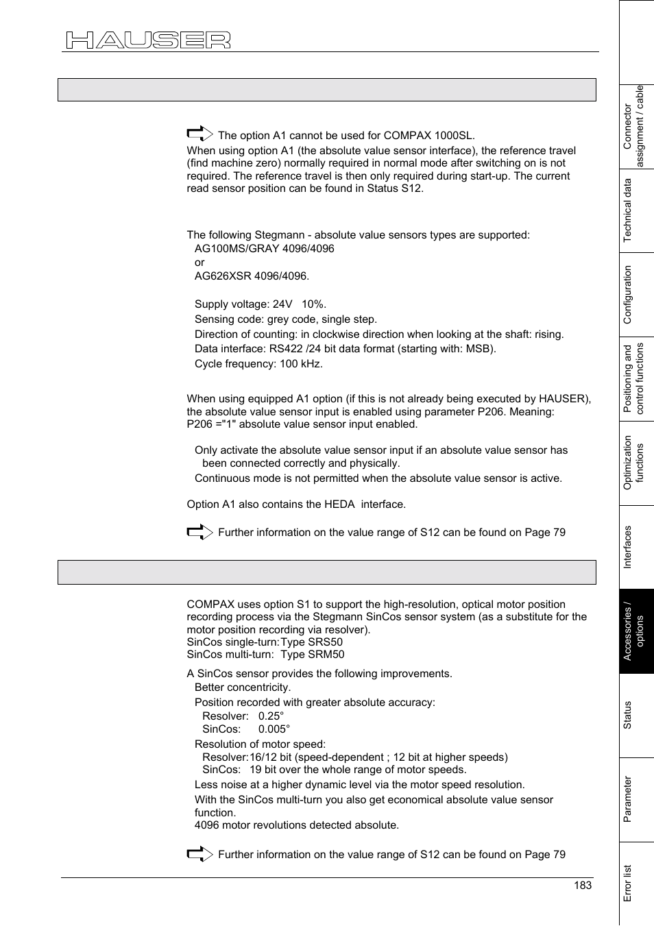 Absolute value sensor (a1), High resolution sincos sensor system (s1/s2), Process interfaces | 2 absolute value sensor (a1), 3 high resolution sincos sensor system (s1/s2) | Parker  Products COMPAX-M /-S (L) User Manual | Page 183 / 242