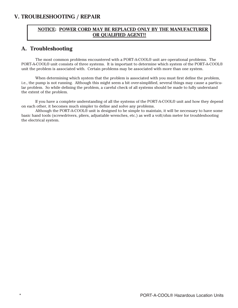 V. troubleshooting / repair a. troubleshooting | Port-A-Cool SERIES 2000 User Manual | Page 12 / 20