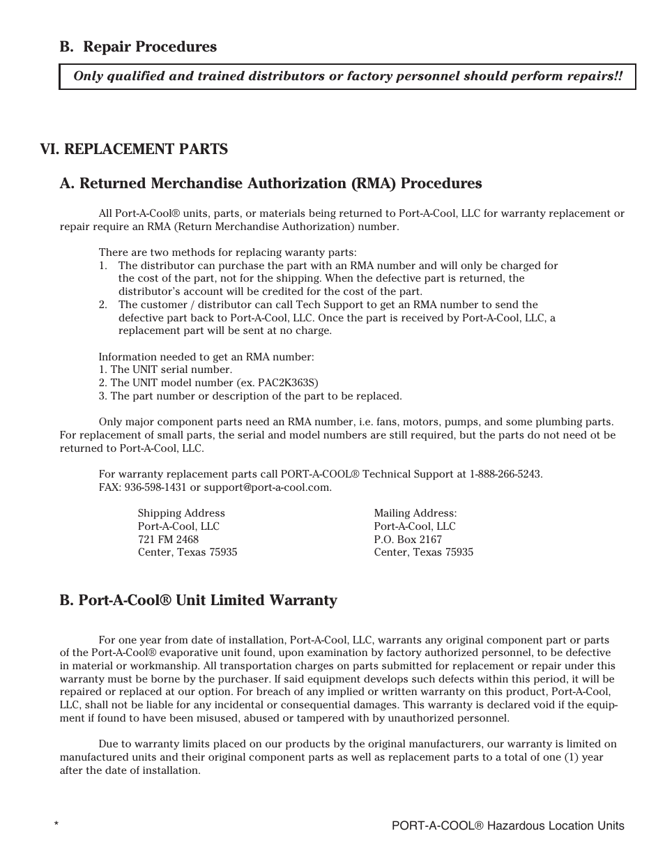 B. port-a-cool® unit limited warranty | Port-A-Cool SERIES 2000 User Manual | Page 16 / 20