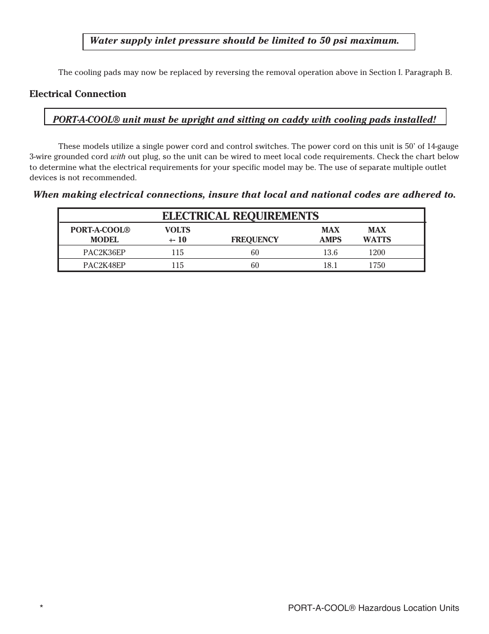 Electrical requirements | Port-A-Cool SERIES 2000 User Manual | Page 8 / 20
