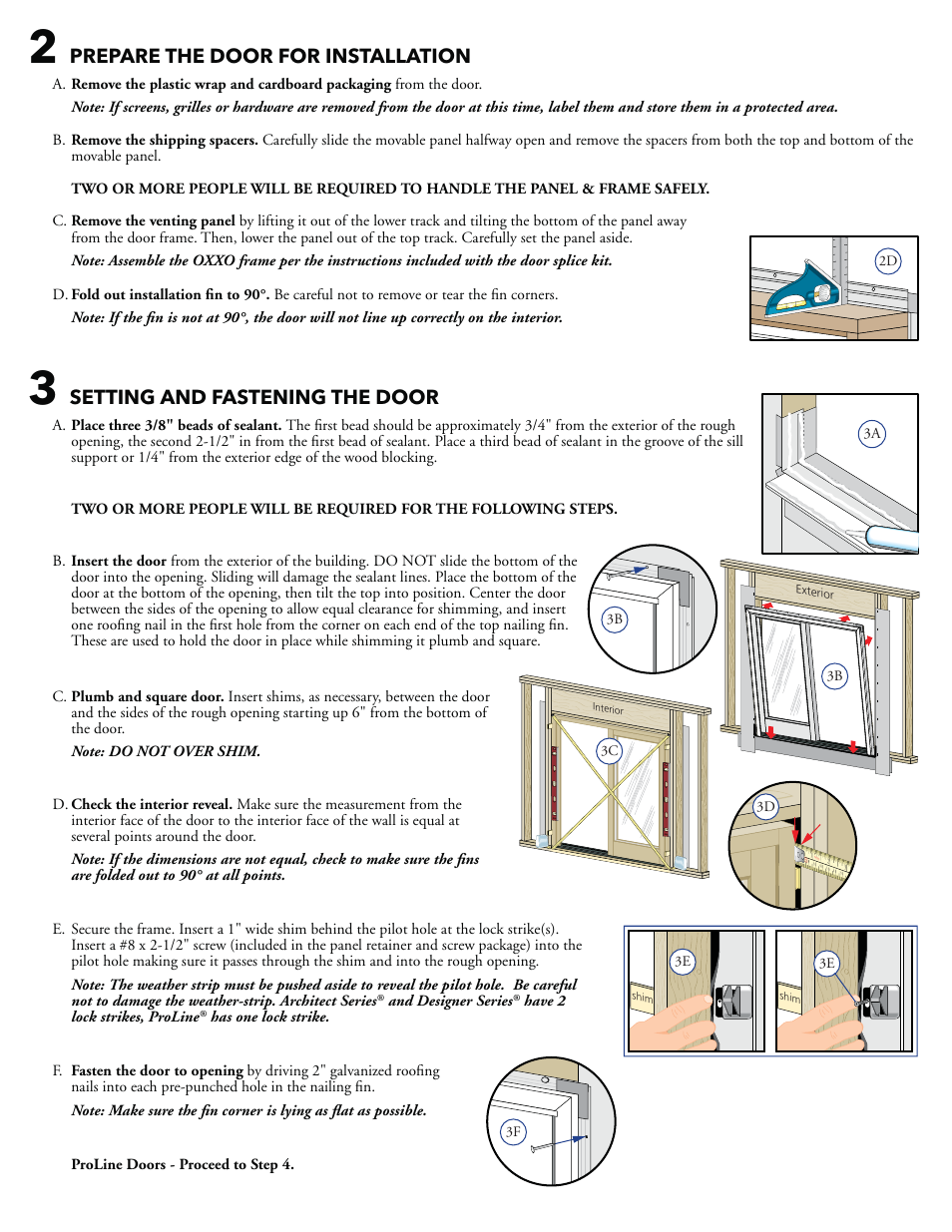 Prepare the door for installation, Setting and fastening the door | Pella Clad sliding patio door- southwestern wall with hard coat stucco 808SQ102 User Manual | Page 3 / 6