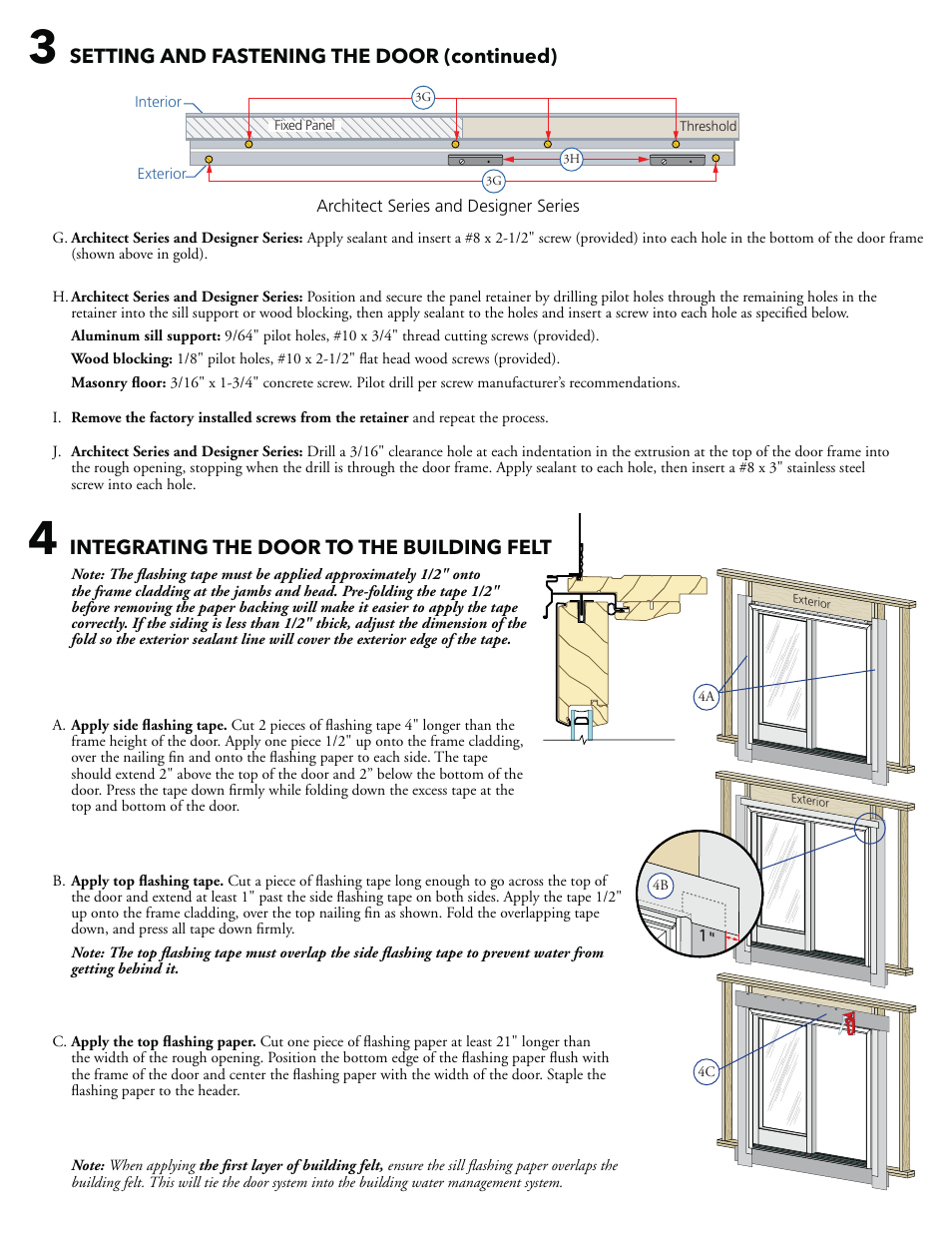 Setting and fastening the door (continued), Integrating the door to the building felt | Pella Clad sliding patio door- southwestern wall with hard coat stucco 808SQ102 User Manual | Page 4 / 6