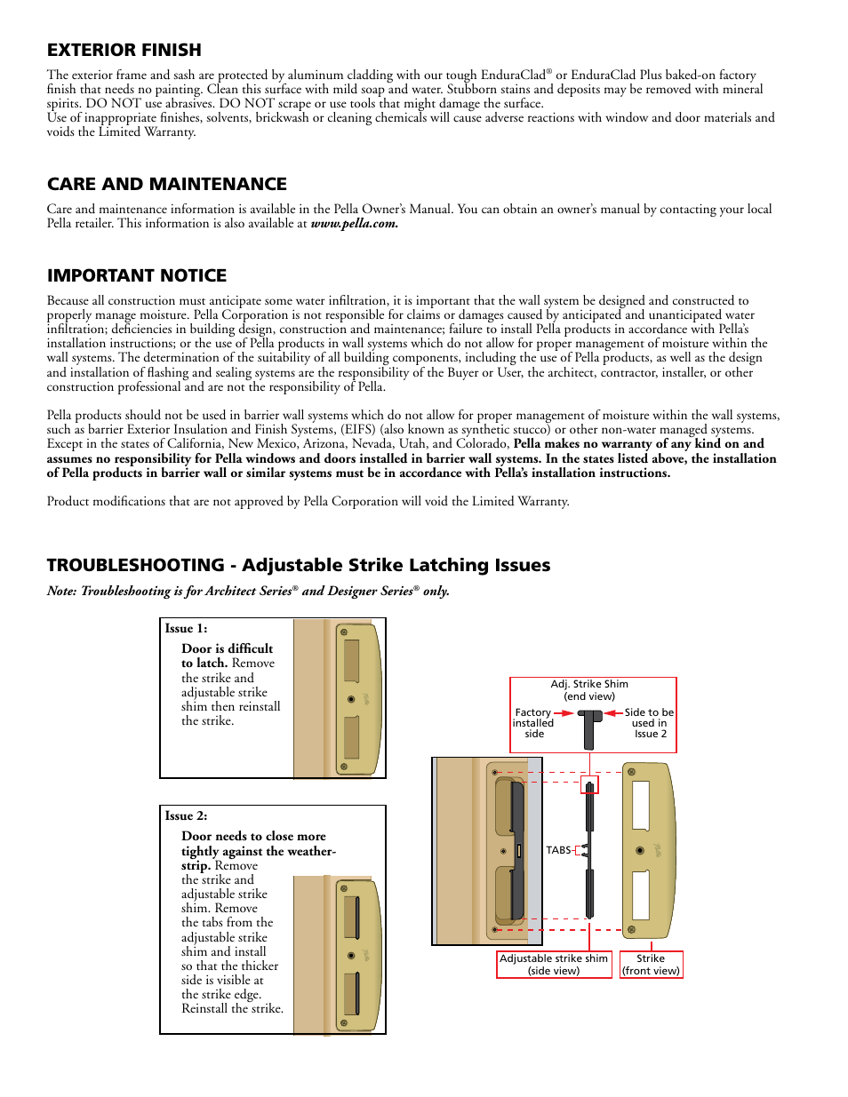 Exterior finish, Care and maintenance, Important notice | Pella HINGED PATIO DOOR - SOUTHWESTERN WALL WITH HARD COAT STUCCO 80KM0103 User Manual | Page 7 / 7