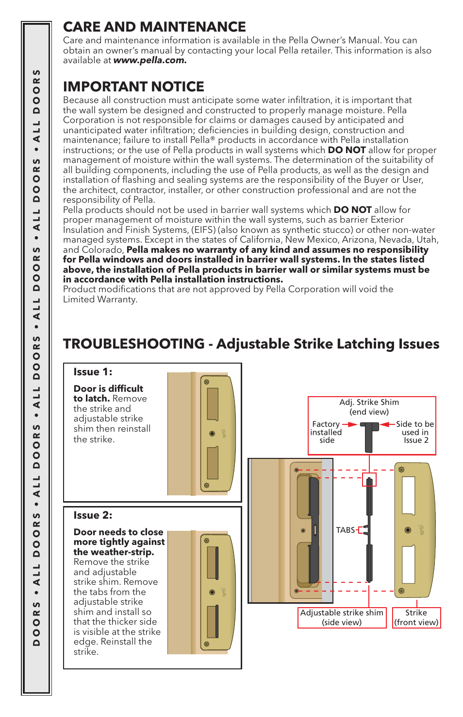 Important notice care and maintenance | Pella Wood Hinged Patio Door 818K0100 User Manual | Page 14 / 16