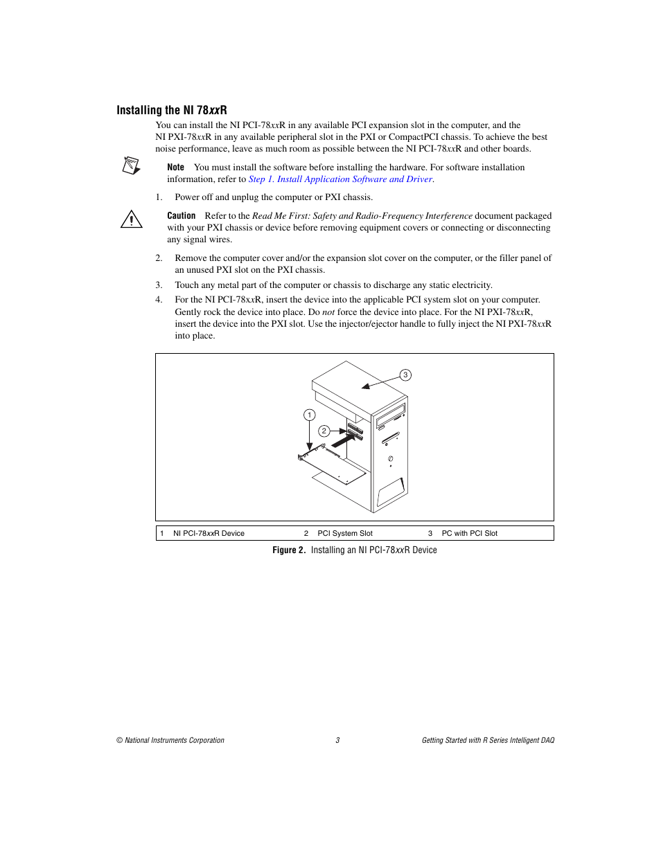 Installing the ni 78xx r, Figure 2. installing an ni pci-78xx r device, Installing the ni 78 xx r | National Instruments R Series Intelligent DAQ PXI-785xR User Manual | Page 3 / 14