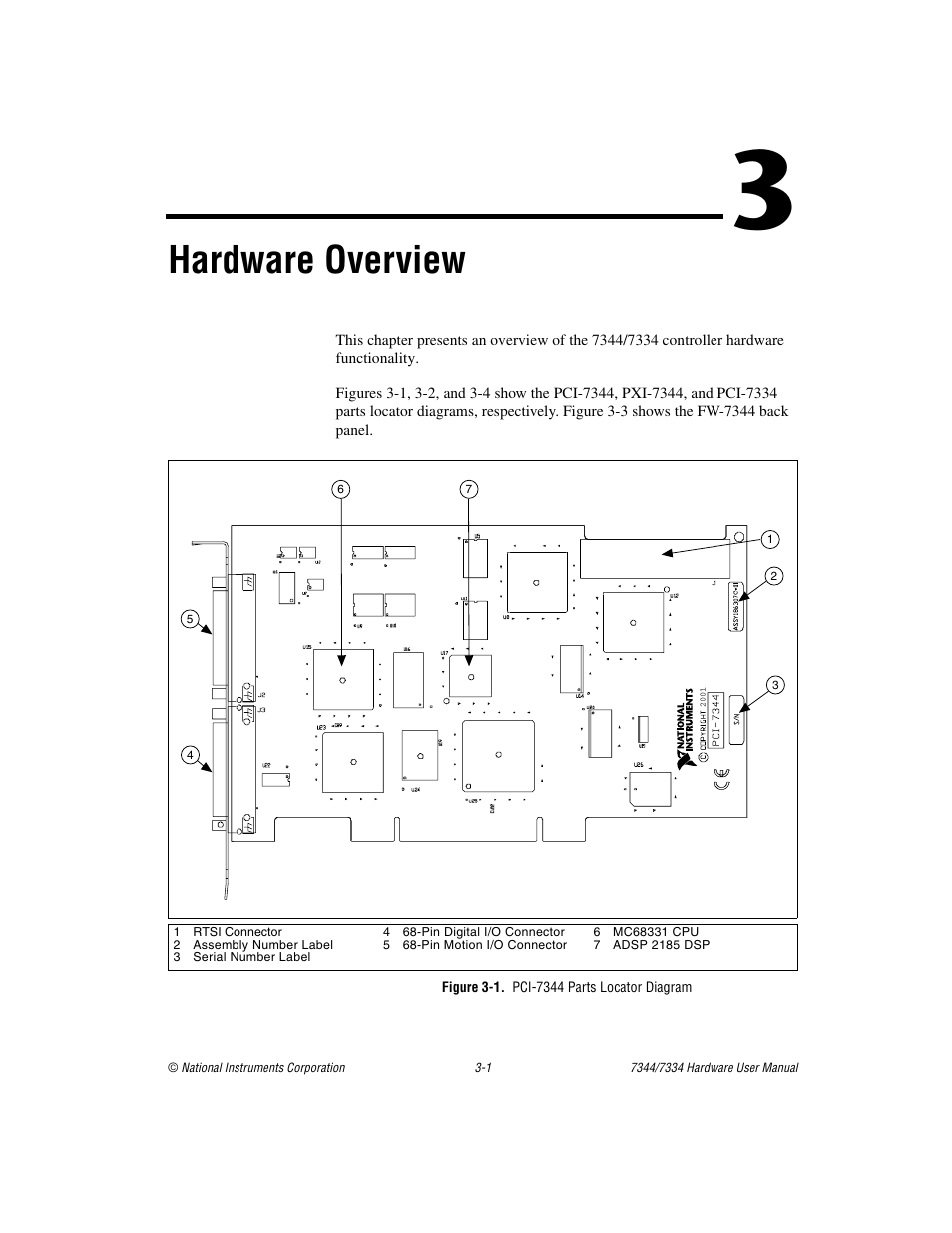 Chapter 3 hardware overview, Figure 3-1. pci-7344 parts locator diagram, Figure 3-1 | Pci-7344 parts locator diagram -1, Hardware overview | National Instruments 7334 User Manual | Page 16 / 66