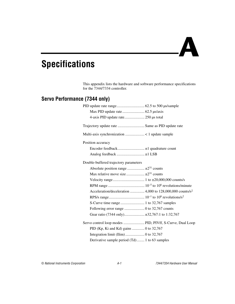 Appendix a specifications, Specifications, Servo performance (7344 only) | National Instruments 7334 User Manual | Page 42 / 66