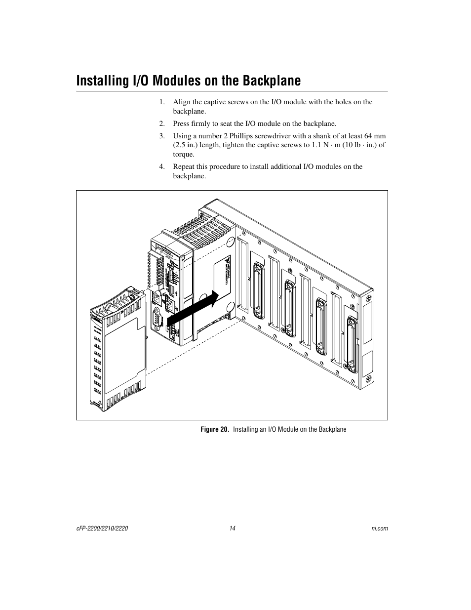 Installing i/o modules on the backplane | National Instruments Fieldpoint CFP-2220 User Manual | Page 14 / 38