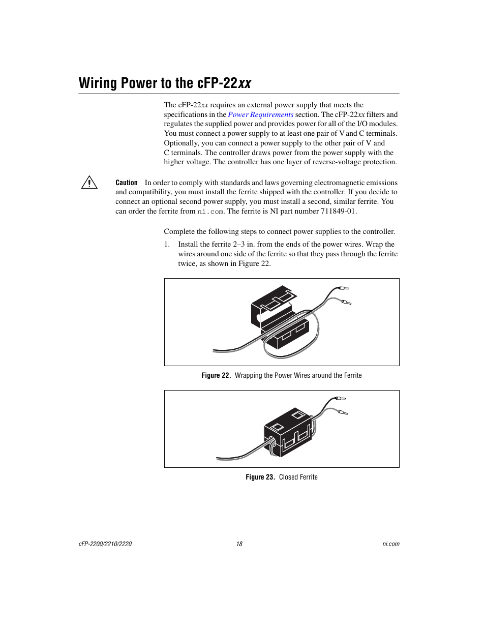 Wiring power to the cfp-22xx, Figure 23. closed ferrite, Wiring power to the cfp-22 xx | National Instruments Fieldpoint CFP-2220 User Manual | Page 18 / 38