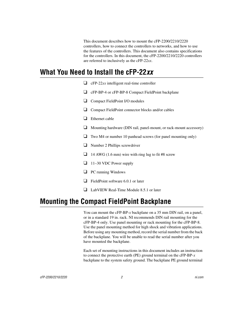 What you need to install the cfp-22xx, Mounting the compact fieldpoint backplane, What you need to install the cfp-22 xx | National Instruments Fieldpoint CFP-2220 User Manual | Page 2 / 38