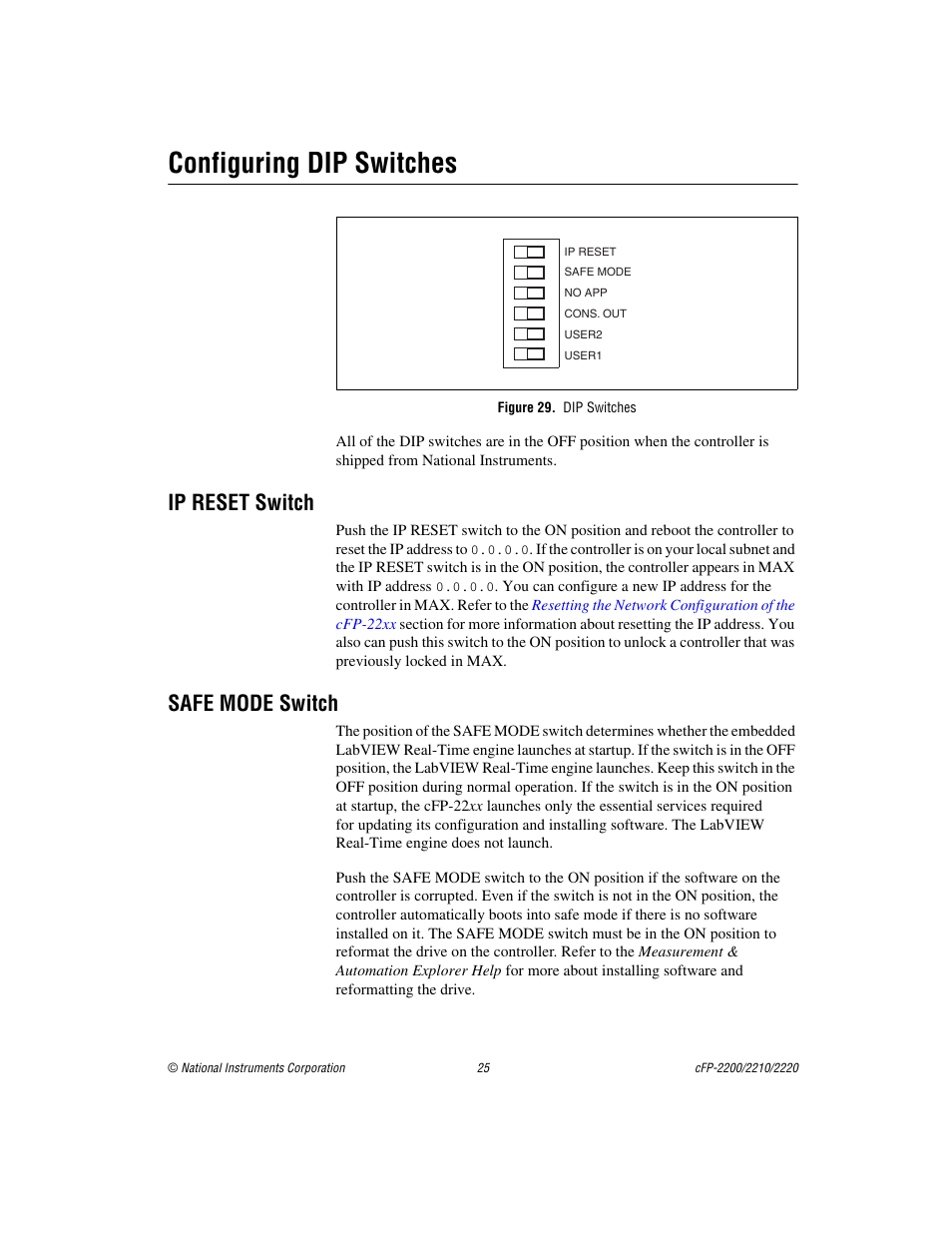 Configuring dip switches, Figure 29. dip switches, Ip reset switch | Safe mode switch | National Instruments Fieldpoint CFP-2220 User Manual | Page 25 / 38