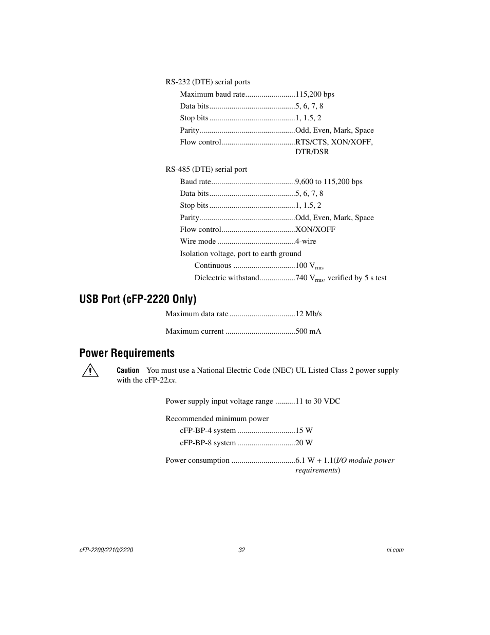 Usb port (cfp-2220 only), Power requirements, Specifications in the | National Instruments Fieldpoint CFP-2220 User Manual | Page 32 / 38