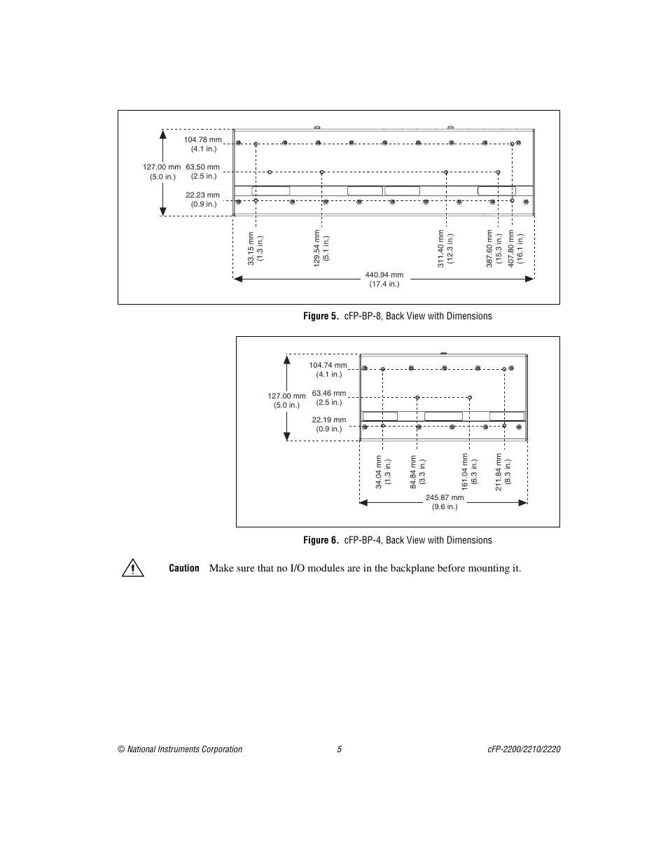 Figure 5. cfp-bp-8, back view with dimensions, Figure 6. cfp-bp-4, back view with dimensions | National Instruments Fieldpoint CFP-2220 User Manual | Page 5 / 38